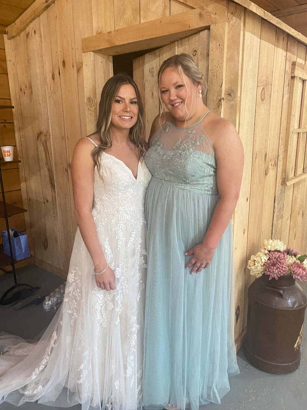 David's Bridal Sage Green Embroidered Tulle Halter Evening Gown